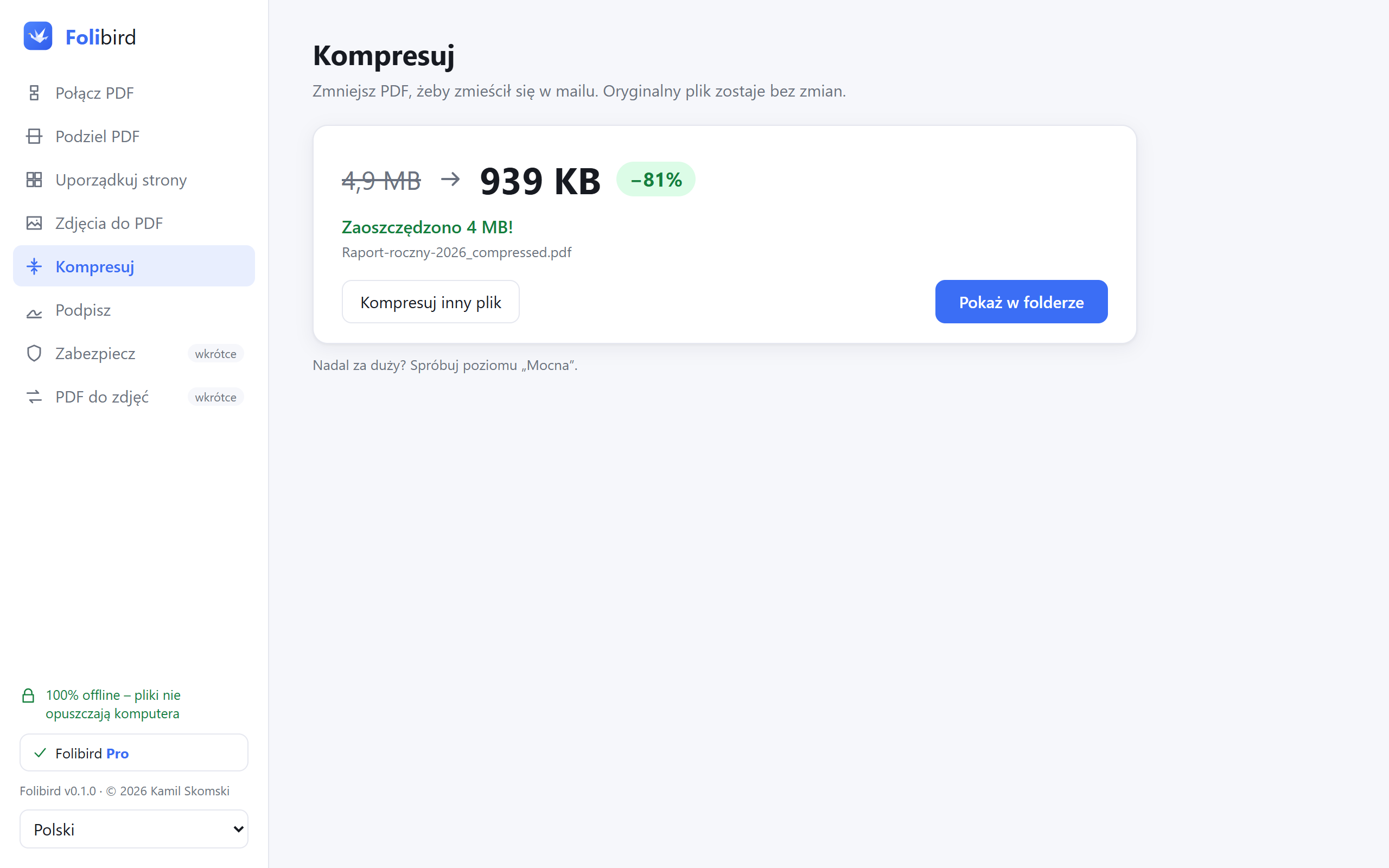 Kompresja PDF w Folibird: z 4,9 MB do 939 KB