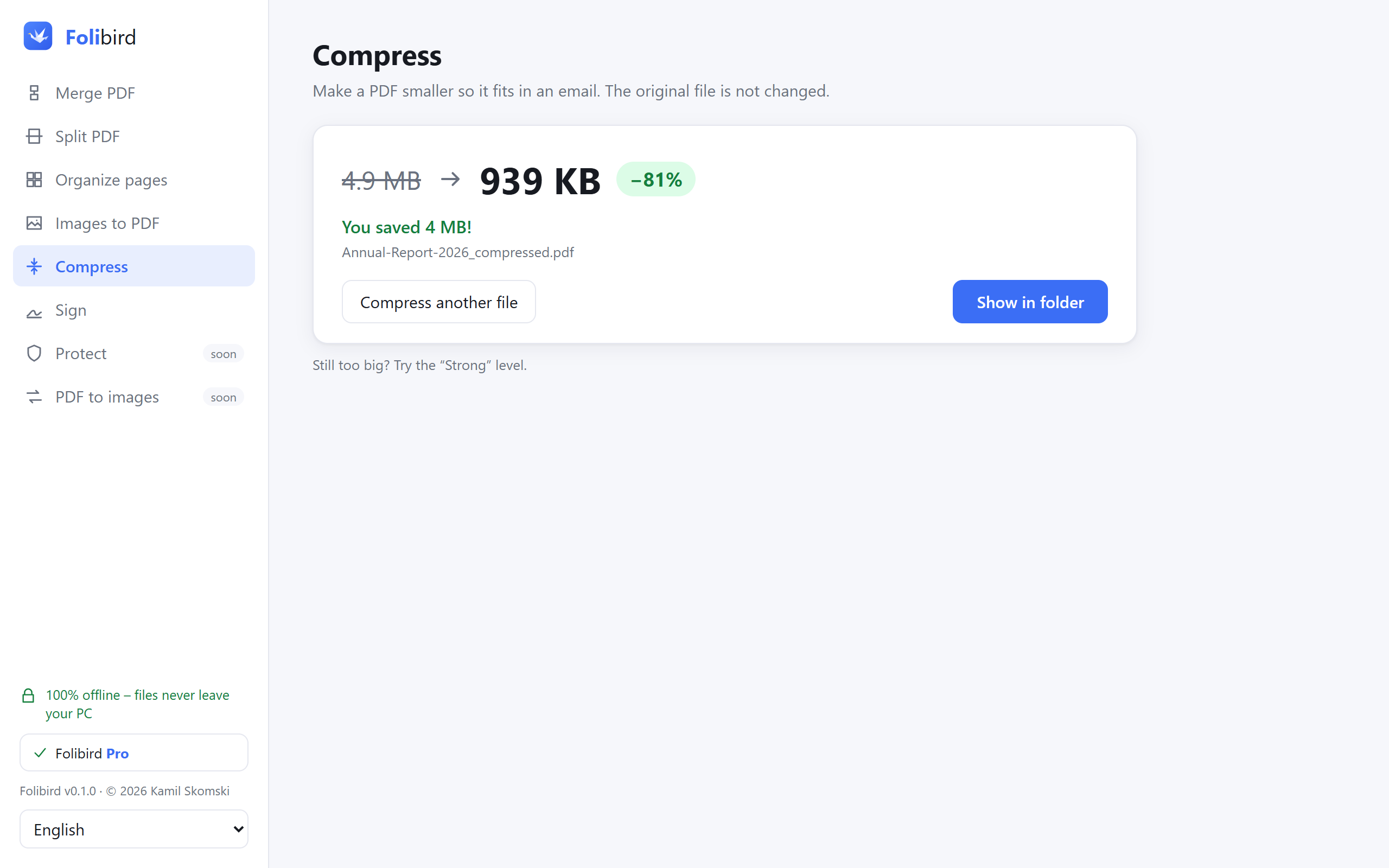 Compressing a PDF in Folibird: 4.9 MB to 939 KB