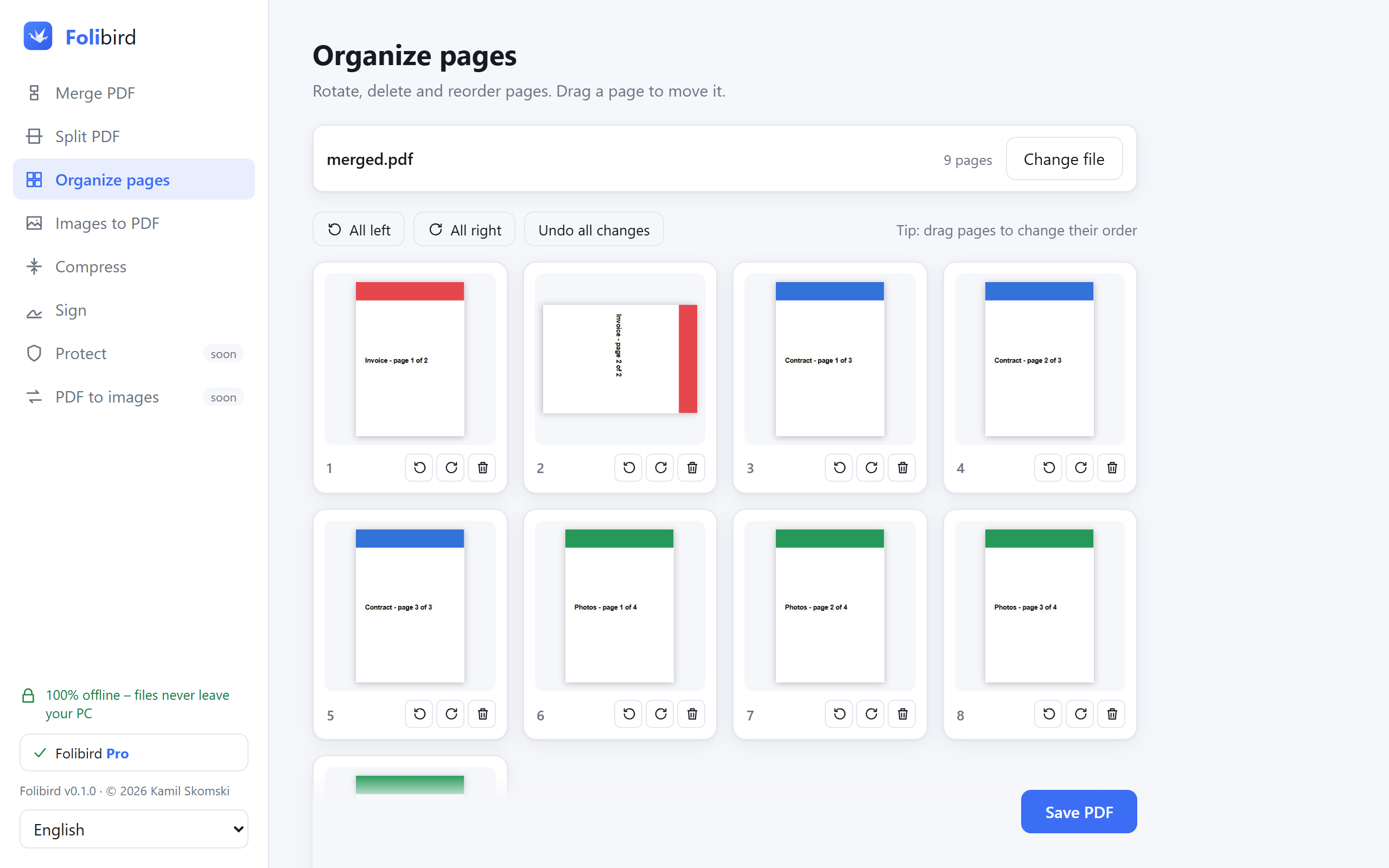 Organizing PDF pages in Folibird