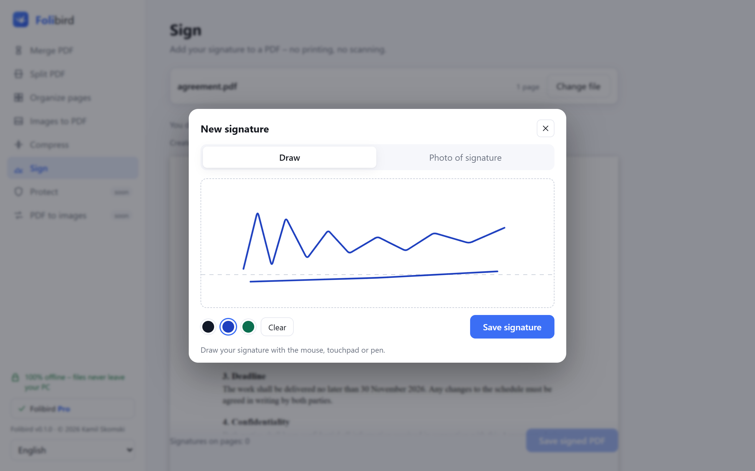 Drawing a signature in Folibird