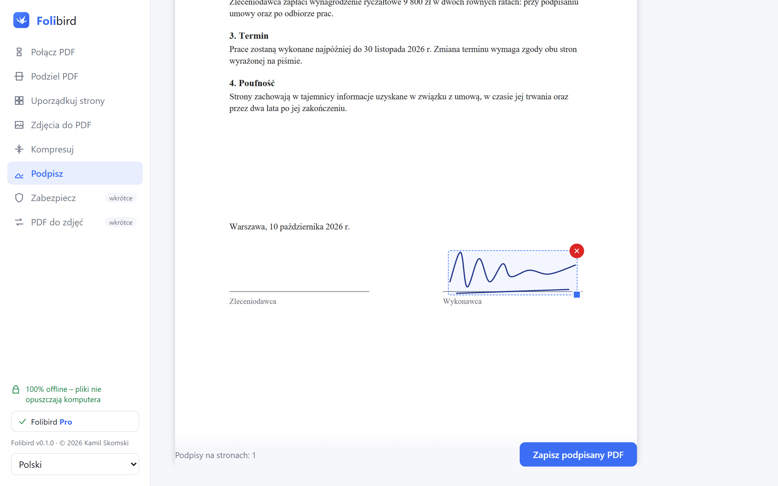 Program Folibird: podpis wstawiony na umowie