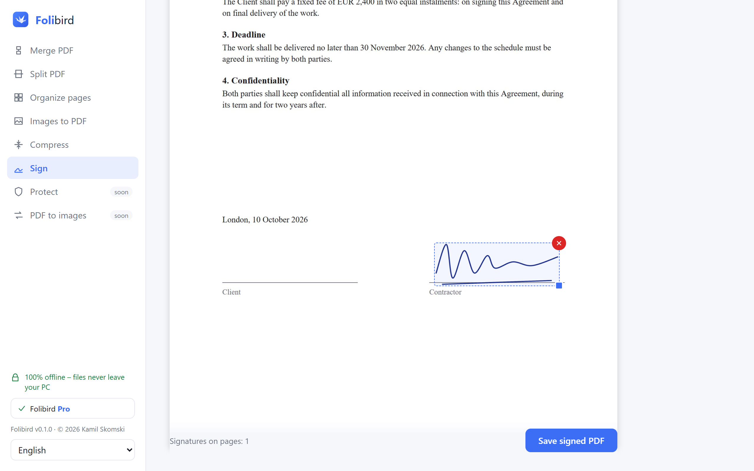 Folibird app: a signature placed on a service agreement